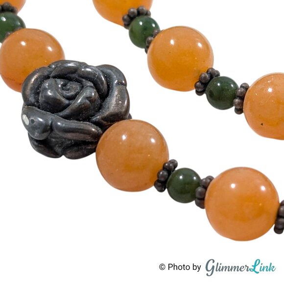 Vintage Sterling Silver Necklace Carnelian Quartz & Jade Beads 19" - Picture 9 of 14